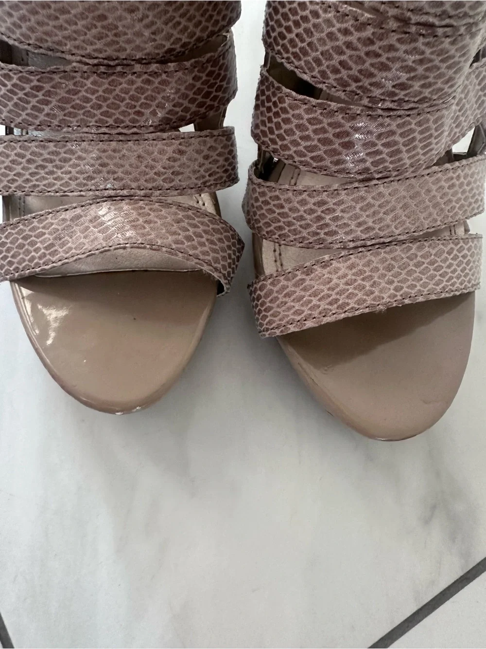 Strappy Taupe High Heel Sandal with Snakeskin Texture